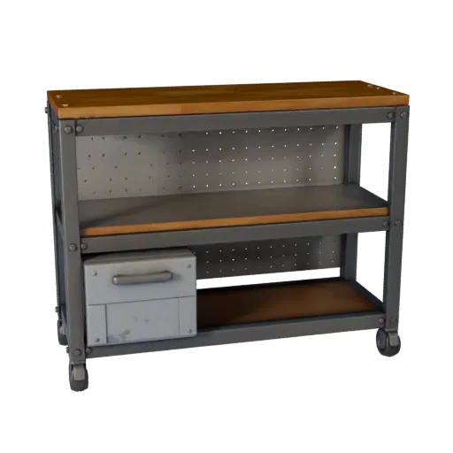 Mechanic Parts Rack Low Poly 3D model, game viewport three-quarter view, showing steel frames, stable fixtures.