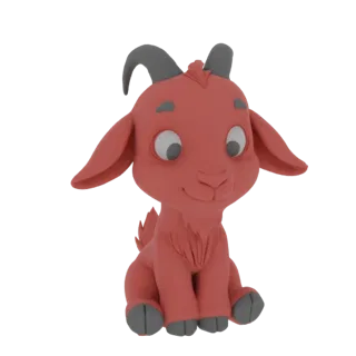 Un render 3D de una linda cabra roja estilo caricatura sentada con grandes ojos y cuernos grises, sobre un fondo blanco.