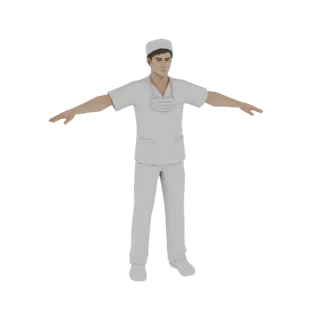 Modèle 3D d'un professionnel médical masculin en T-pose, portant une blouse et un bonnet, sur fond blanc.