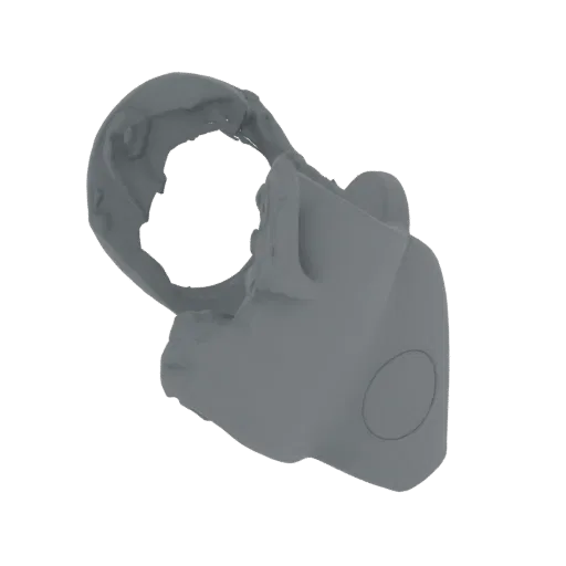 3D model of a futuristic gray gas mask with a large circular filter on the right side, against a white background.