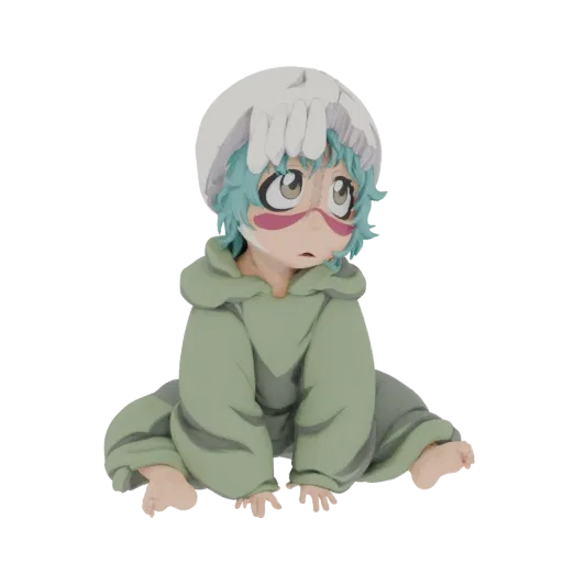3D model of Baby Nezuko Kamado sitting down, wearing a green robe and a white skull-like hat, with teal hair and pink marking