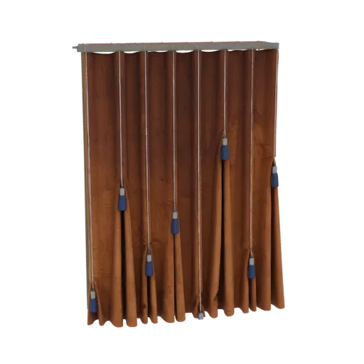 A 3D model of brown velvet pleated curtains with blue tassels hanging from a grey rod against a white background.