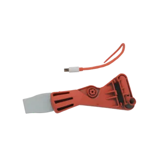 3D-Modell eines orangefarbenen Kunststoff-Schabers mit weißer Lanyard-Spitze auf schwarzem Hintergrund.