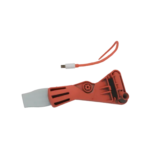 3D model of an orange plastic scraper tool with a white-tipped orange lanyard against a black background.