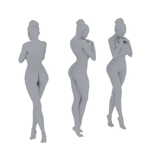 3D-Modell-Rendering einer eleganten Frauenfigur in anmutiger Pose, aus mehreren Blickwinkeln gezeigt.