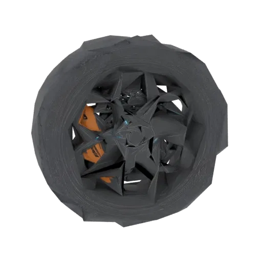 Top-down view of an abstract 3D model of a car wheel with sharp geometric facets and orange brake calipers.