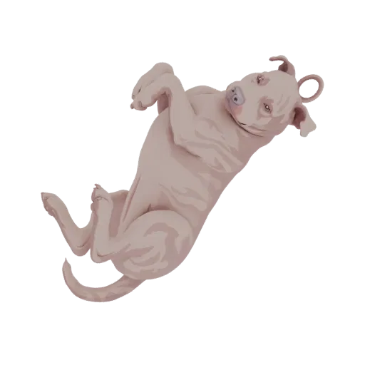 A 3D render of a light-colored pitbull puppy lying on its back with its paws in the air, looking up with a playful expression