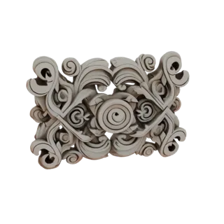 Una renderización 3D de un panel decorativo barroco ornamentado con intrincados calados y motivos florales arremolinados, pre