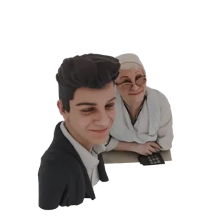 3D model of a young man in a suit and an elderly woman in a medical coat, both looking at a calculator.