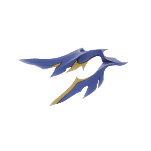 3D model of an abstract sculpture with flowing blue and gold wing-like shapes, presented against a black background.