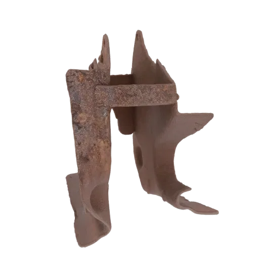 3D model of a single, heavily rusted medieval hinge with intricate metalwork and weathered texture.
