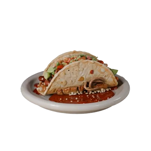 Restaurant Taco Platter Realistic 3D model, three-quarter studio render, showing sauces, plated composition.