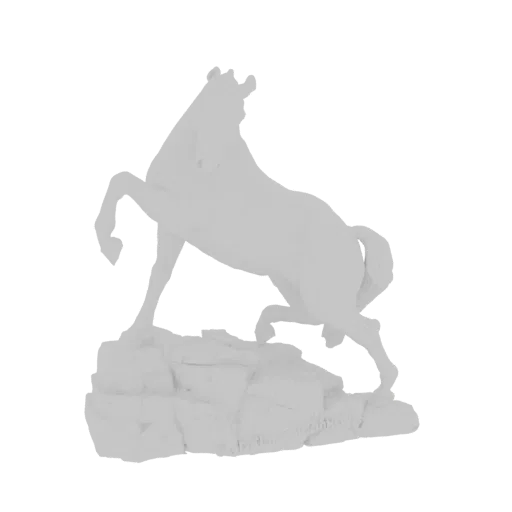 3D model of a grey horse rearing up on a textured rocky base, against a white background.