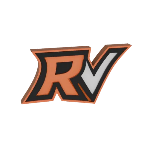 Renderização 3D do logo RV com letras laranja, contorno preto e um checkmark branco integrado ao 'V'.