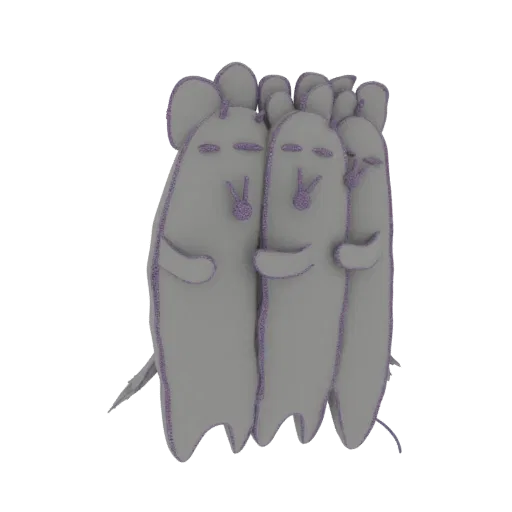 A 3D render of three cute, gray blob characters hugging, with sparkling purple glitter outlines.