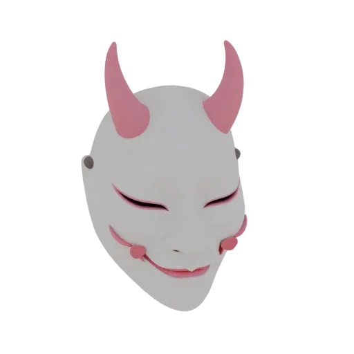 3D model of a Japanese Oni mask with a smooth white surface, pink horns, and a mysterious expression.