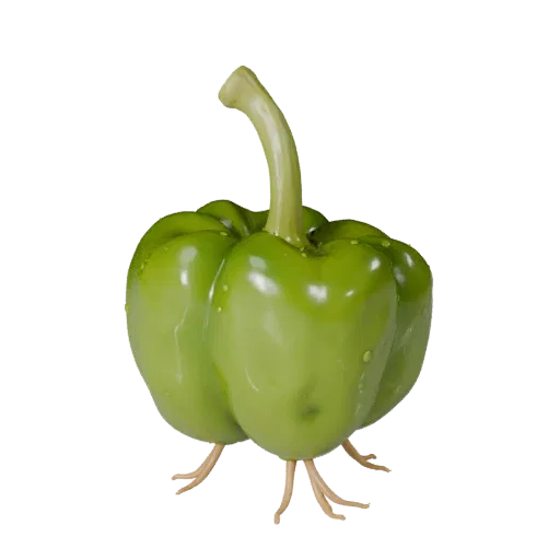 Organic Bell Pepper 3D model, three-quarter front view, AR viewer studio render, showing leaf veins, form detail.