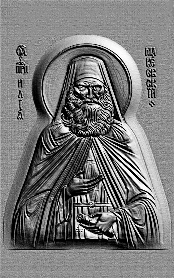 3D model of an Orthodox monk bas-relief in traditional attire, with a beard and halo.