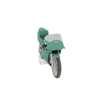 A 3D model of a vintage teal sportbike with a white windshield, shown on a white stand against a white background.