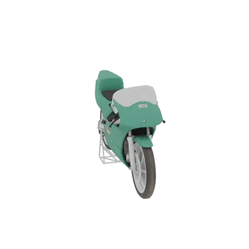 A 3D model of a vintage teal sportbike with a white windshield, shown on a white stand against a white background.