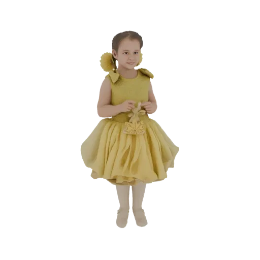 3D model of a smiling young girl wearing a yellow dress and holding a golden charm, with her hair styled in two buns.