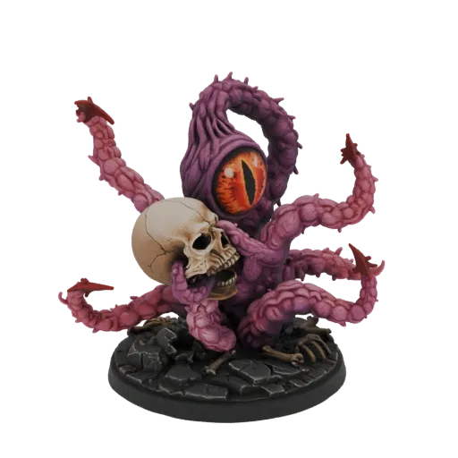 3D model of a purple tentacle monster with a large orange eye, holding a human skull, on a rocky base with bones.