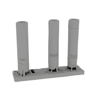 A 3D render of a gray, three-slot holder for sharpening steels, with a tilted base and drainage holes, presented on a white b