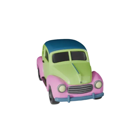 Modello 3D di auto d'epoca a cartoni animati, vista studio a tre quarti, asset veicolare stilizzato con silhouette appositame