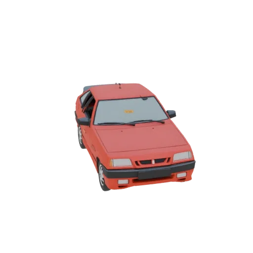 A 3D render of a red 1990s hatchback car, viewed from a slightly elevated angle against a black background.