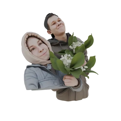 Modelo 3D de um jovem casal sorrindo, o homem segurando um buquê de lírios-do-vale brancos para a mulher.