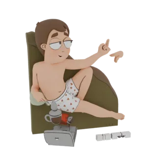 Render de modelo 3D de um homem de desenho animado de cueca boxer de corações sentado em uma cadeira mostrando o dedo do meio