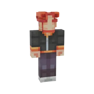 3D-Modell-Rendering eines stilisierten Charakters mit leuchtend orangefarbenem Haar, der eine schwarze Jacke mit orangefarben