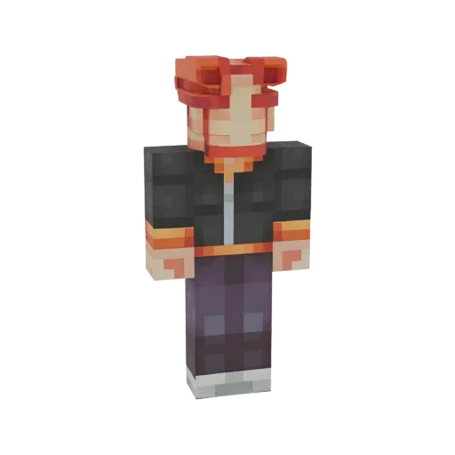 3D model render of a stylized character with bright orange hair, wearing a black jacket with orange trim and purple pants.