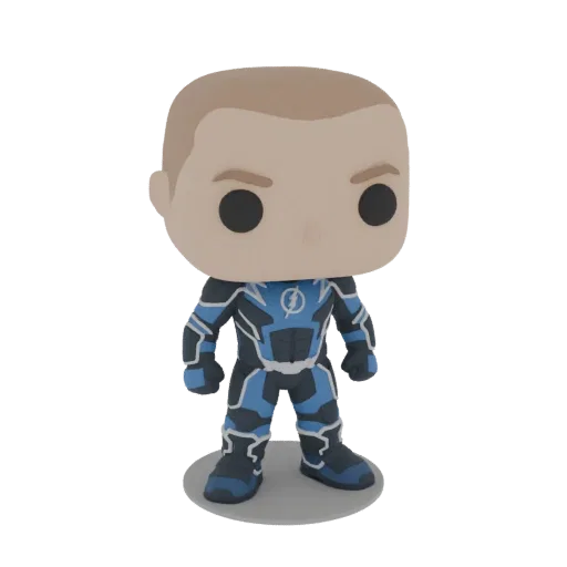3D model of Kid Flash in his blue suit, styled as a Funko Pop figure, standing on a grey circular base.