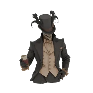 Renderização de modelo 3D de um cavalheiro elegante com cartola e bebida, vestindo terno e colete.