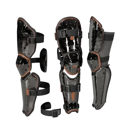 Tactical Shin Guard Stylized 3D model, stylized isometric render, showing metal plates, wearable protection silhouette.