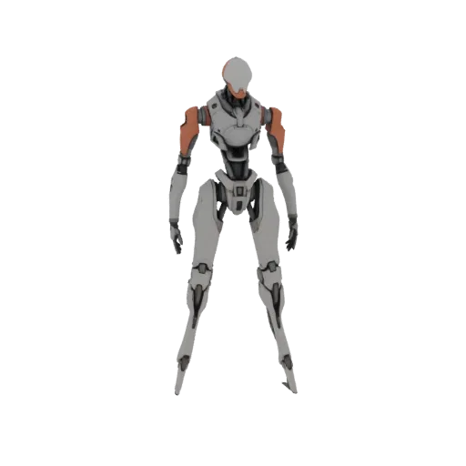 Un rendering a figura intera di un robot futuristico con schema di colori bianco e arancione, in piedi contro uno sfondo bianco.