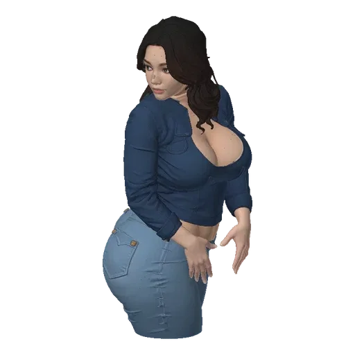 3D model of a curvy woman with dark hair, wearing a blue denim jacket and jeans, posing over her shoulder.