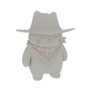 3D model of a cute, unpainted cat wearing a cowboy hat and bandana, standing on a white background.