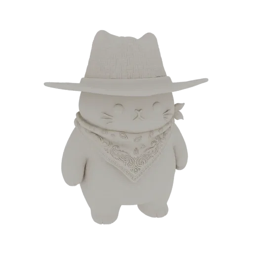 Modelo 3D de um gato fofo e sem pintura usando chapéu de cowboy e bandana, em pé sobre um fundo branco.