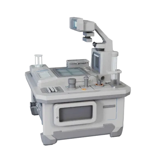 Futuristic Scanner Device Low Poly 3D model, game viewport three-quarter view, showing clean metal, bench-top devices.