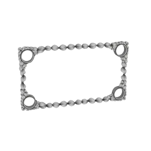 3D render of an ornate rectangular frame with a beaded border and decorative rings at each corner, presented on a white backg