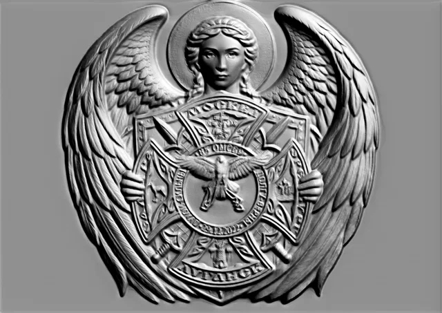 3D model of Archangel bas-relief with shield, dove, and inscriptions, rendered in high relief.