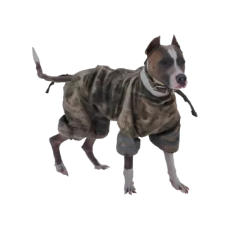 Modelo 3D de un pitbull terrier con atuendo de camuflaje, de pie en pose dinámica.