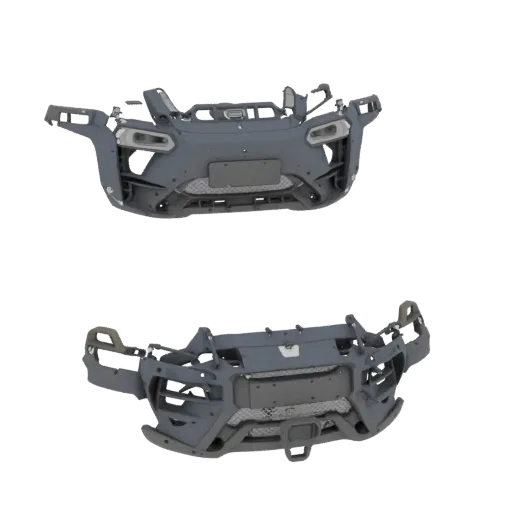 Modèle 3D du pare-chocs avant de la voiture Evolute i-JOY 2024, couleur grise, avec détails précis des grilles, phares et fixations.