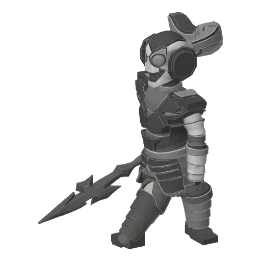 3D model of a grotesque clown warrior with a sinister grin, wearing armor and holding a weapon, against a black background.