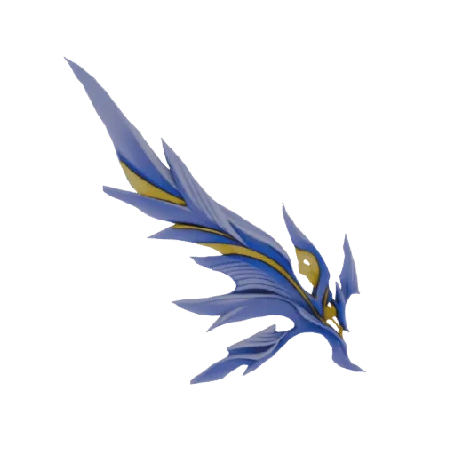 3D model of a futuristic winged propeller with sharp blue and gold accents, presented against a black background.