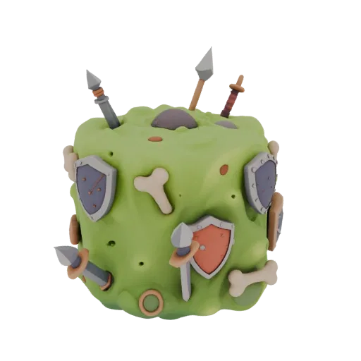 3D model of a green slime cube with swords, shields, bones, and arrows sticking out in a cartoon style.