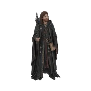 3D model of a fantasy wizard with a long, dark robe, holding a crystal-topped staff and an old book.