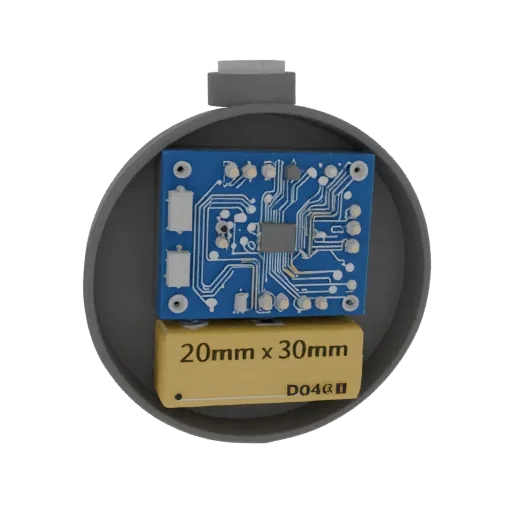 3D model of a round electronic enclosure with a screw cap, showing internal board and battery.